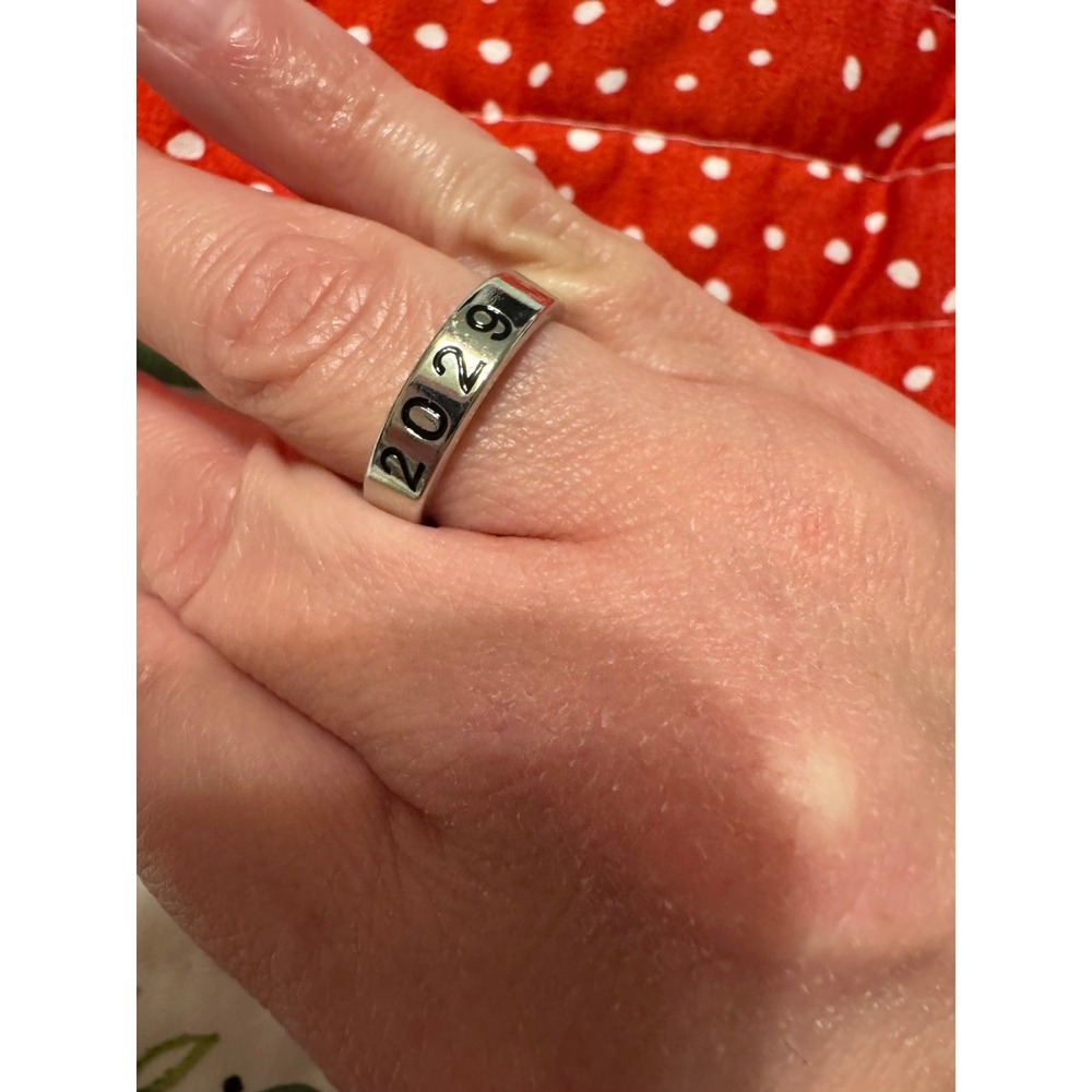 2029 Date Ring Silver Tone Stainless Steel Band Size 8.5